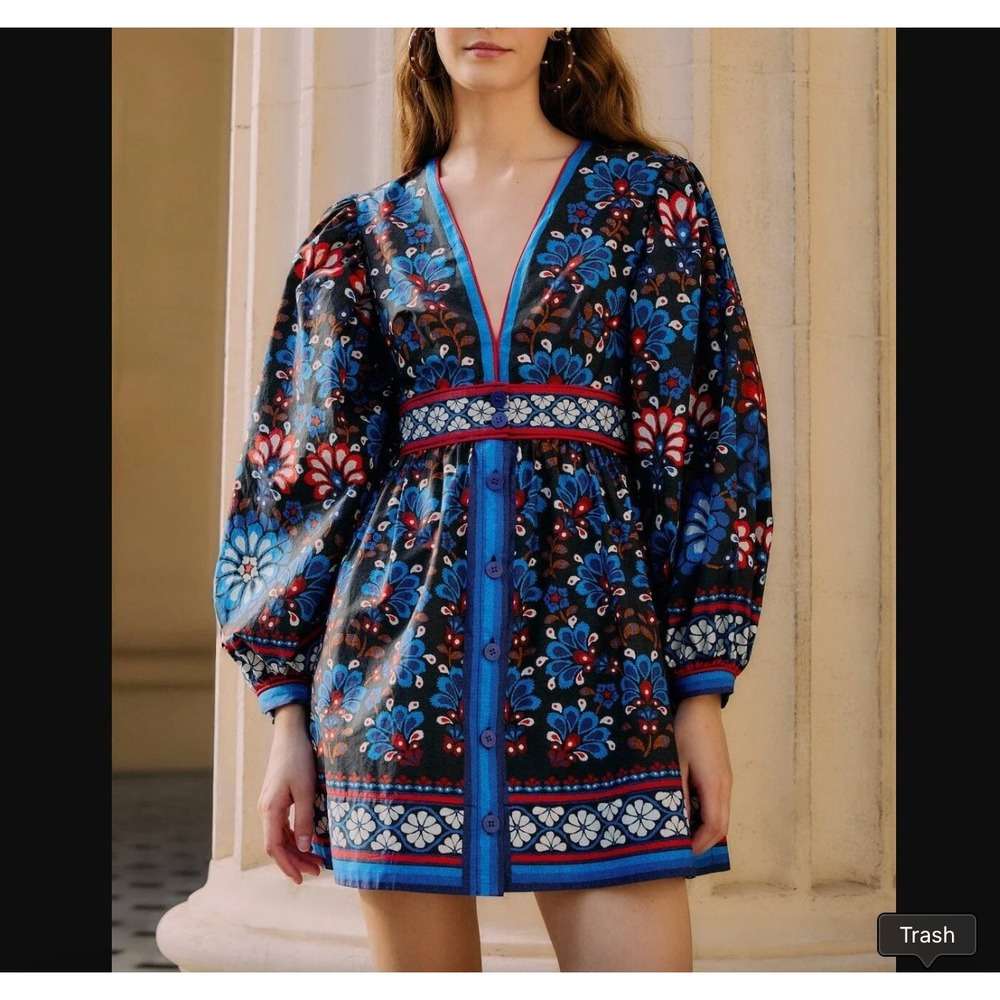 NWT Farm Rio Sz M Latina Scarf Mini Dress Black Floral 100% Organic Cotton Boho